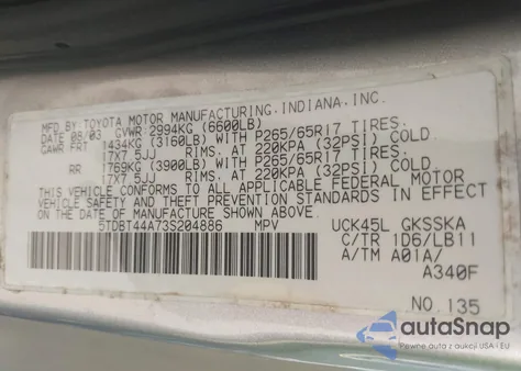 2003 Toyota Sequoia Sr5 V8 из США, поврежденный, VIN 5TDBT44A73S204886